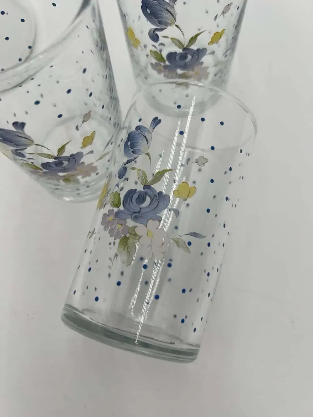 Vintage Libbey Peony Glass Pitcher 40 Oz + 3 Juice Glasses Blue Floral Set